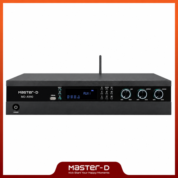 Master-D MD-A990 350W digital karaoke amplifier on a white background with Master-D branded border
