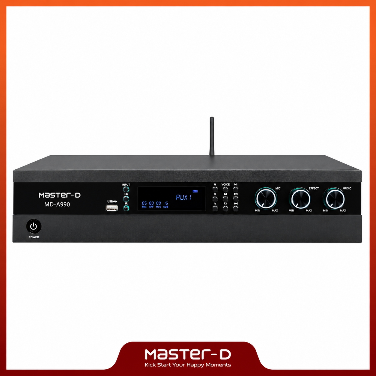 Master-D MD-A990 350W digital karaoke amplifier on a white background with Master-D branded border